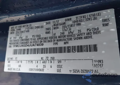 2018 Ford Escape Se from USA, damaged, VIN 1FMCU9GD4JUA74039